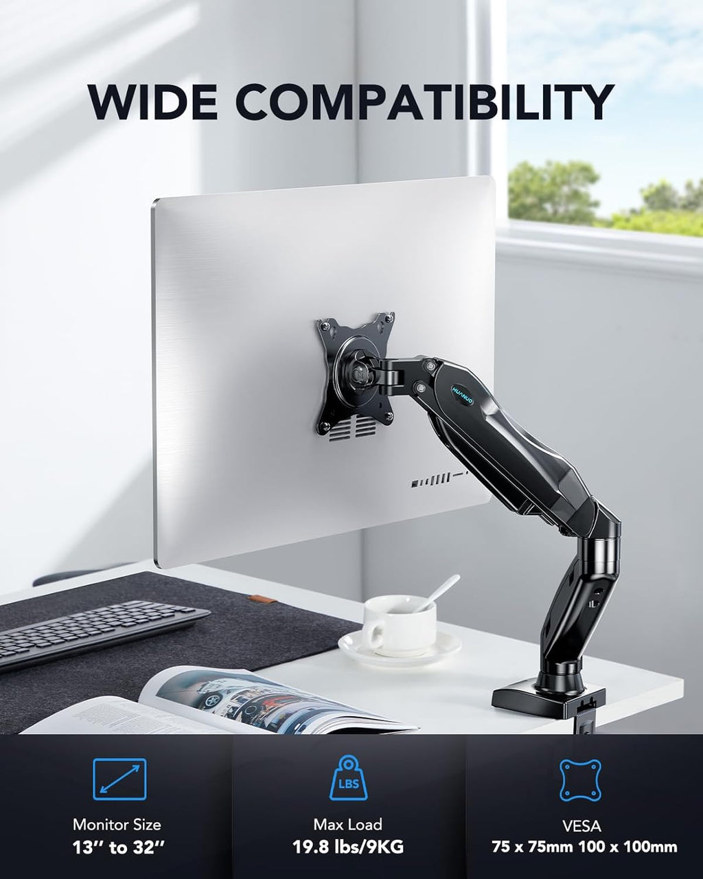 Single Monitor Arm 13 to 32 Inch Adjustable White Desk Mount VESA HUANUO