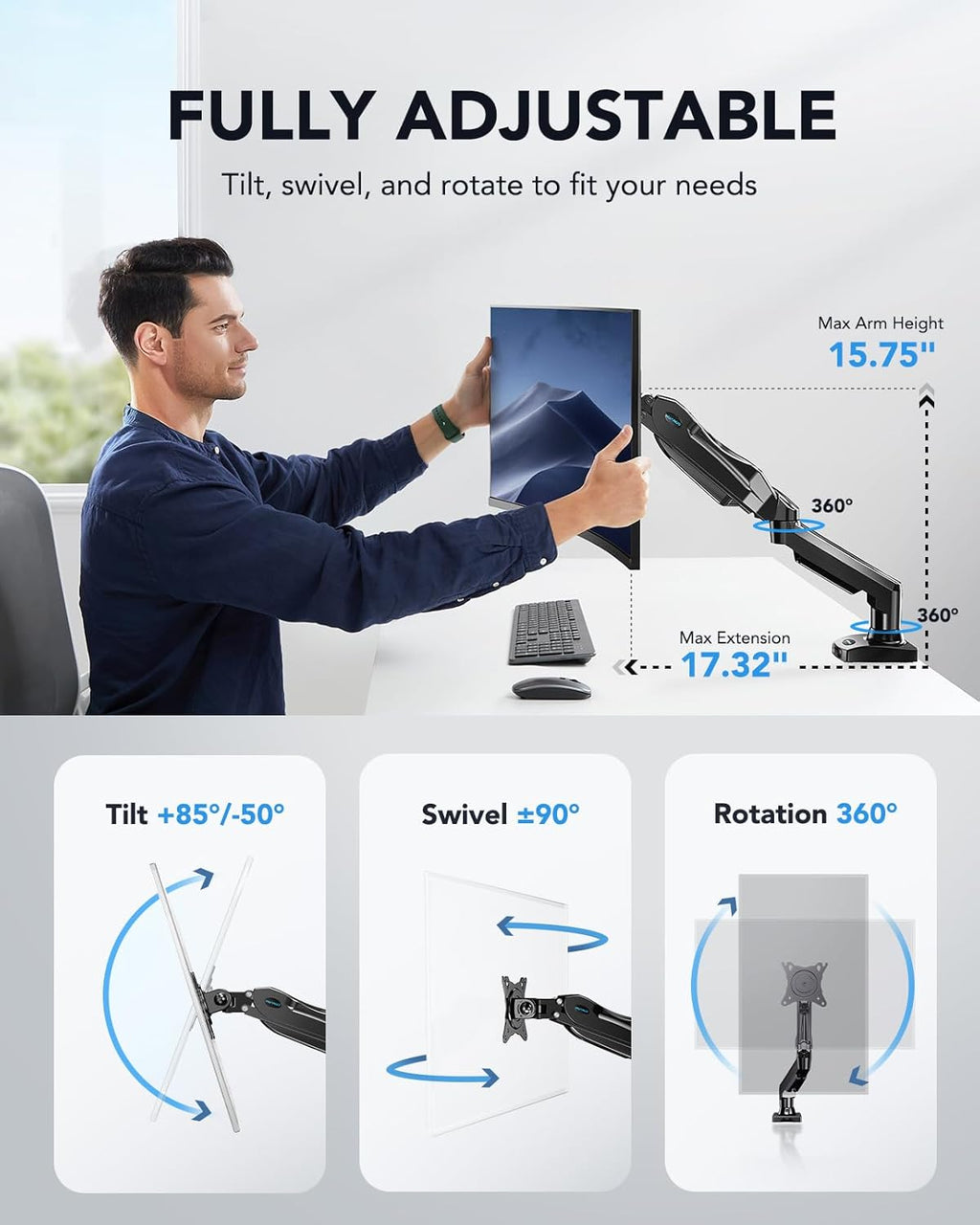 Single Monitor Arm 13 to 32 Inch Desk Mount Adjustable Stand VESA HUANUO