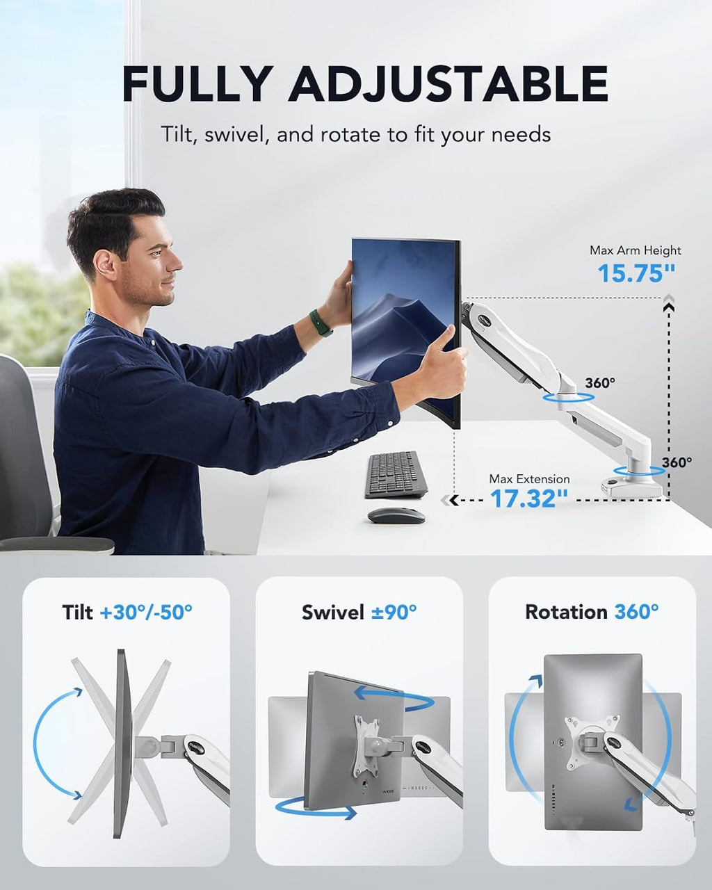Single Monitor Arm 13 to 32 Inch Adjustable White Desk Mount VESA HUANUO