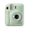 Mint green instant camera with 'instax mini 12' branding on a white background