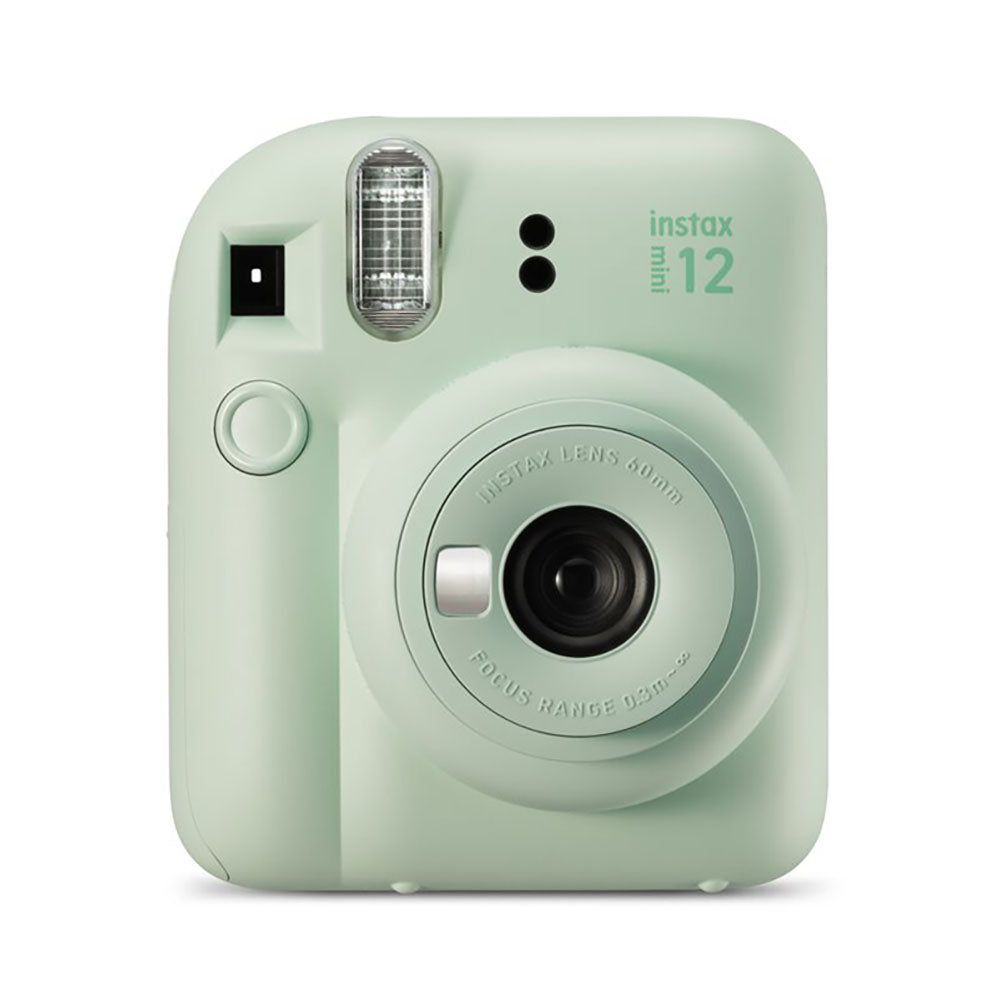 Mint green instant camera with 'instax mini 12' branding on a white background