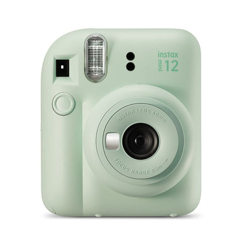 Mint green instant camera with 'instax mini 12' branding on a white background